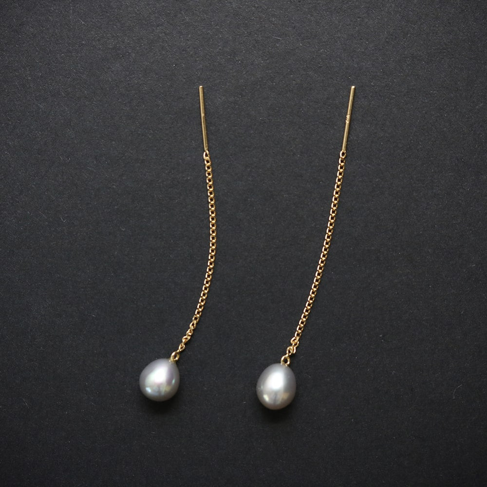 K18  Drop of Pearl Threader Earrings.